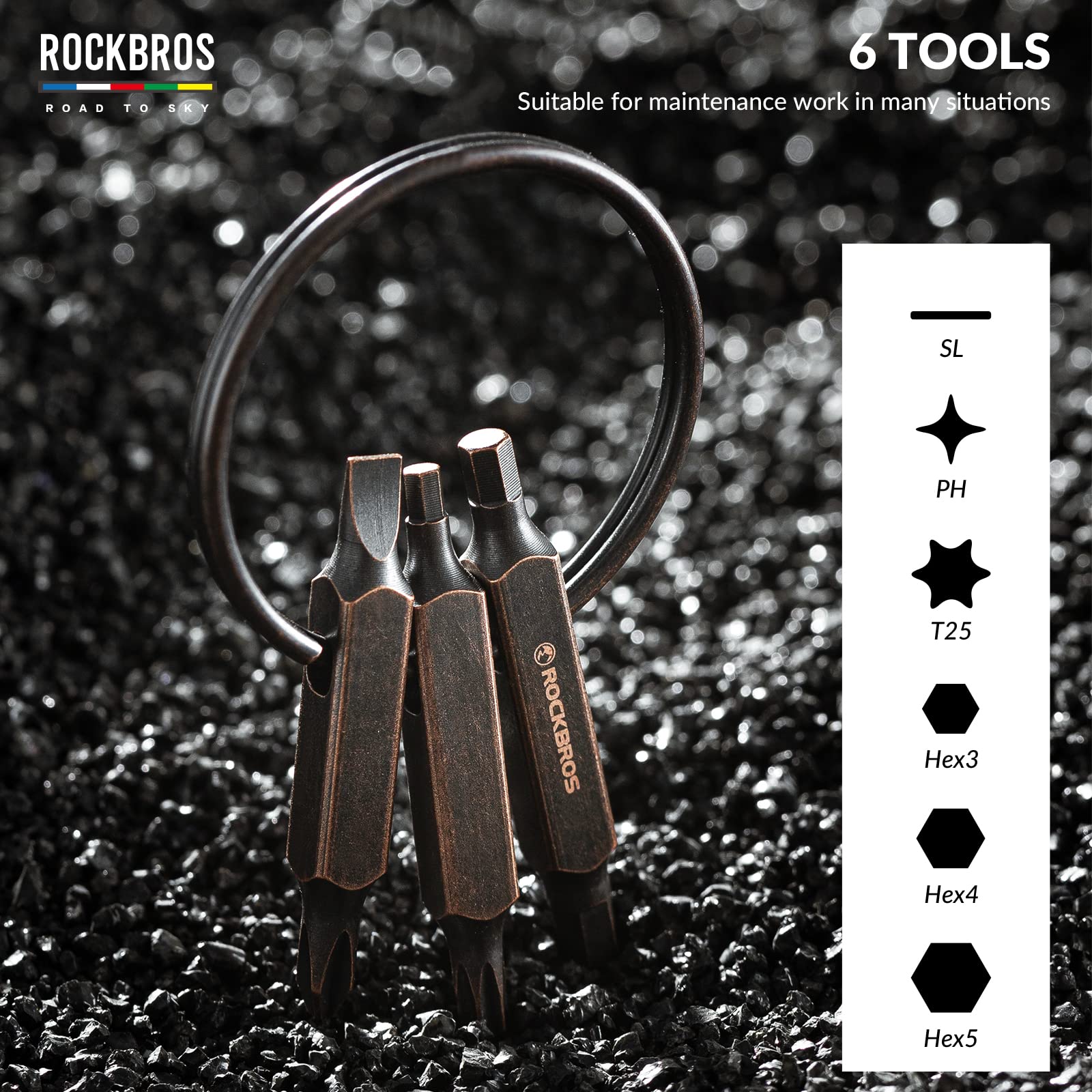 ROCKBROS Road-to-Sky Mini Bike Repair Tool 6 in 1 Portable Keychain - Image 3
