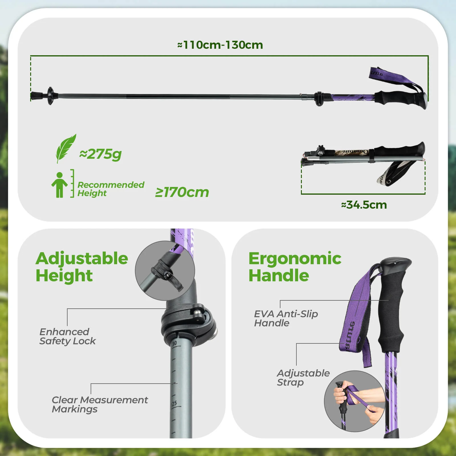 Qunature Trekking Poles Lightweight Foldable 110-130cm - Image 12