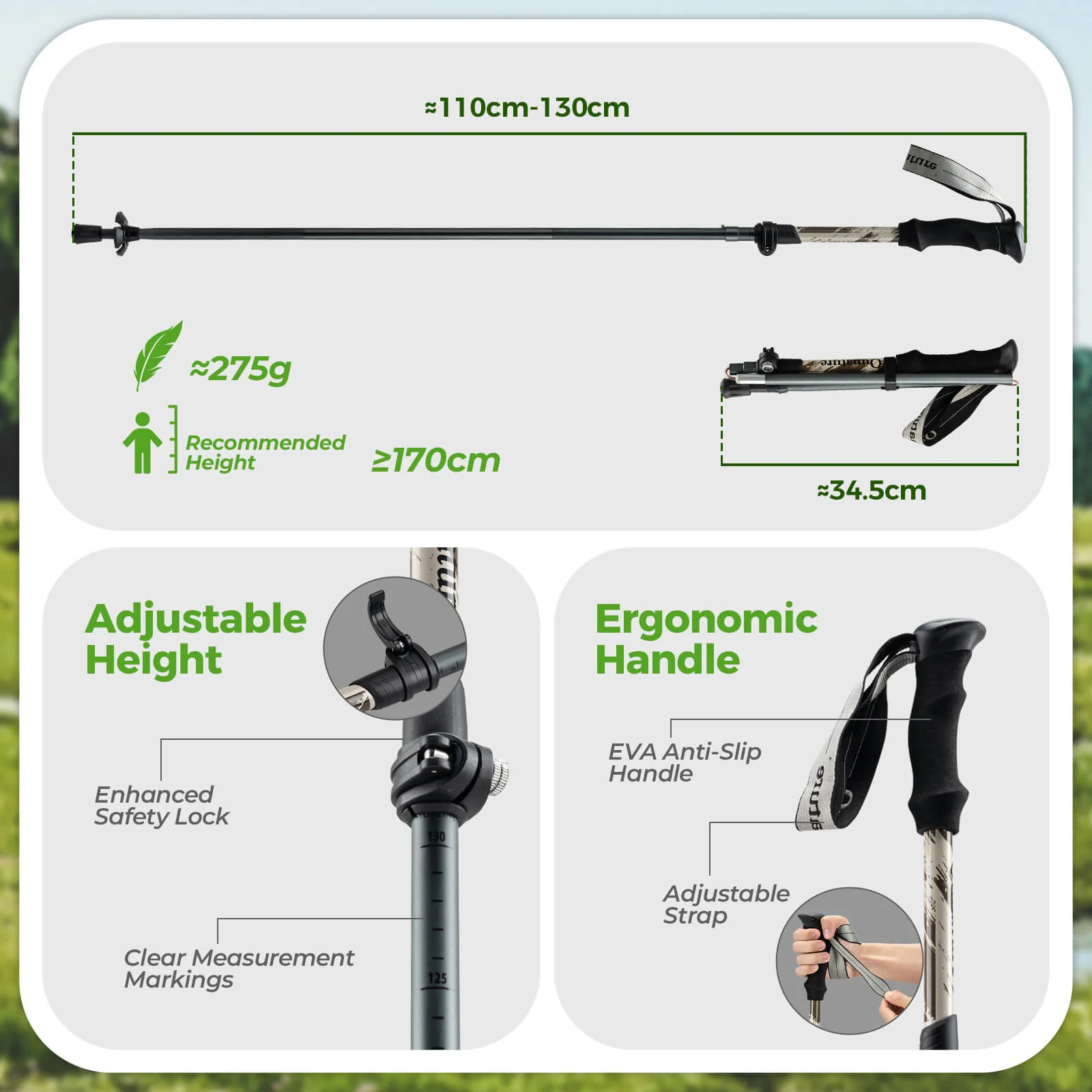 Qunature Trekking Poles Lightweight Foldable 110-130cm - Image 6