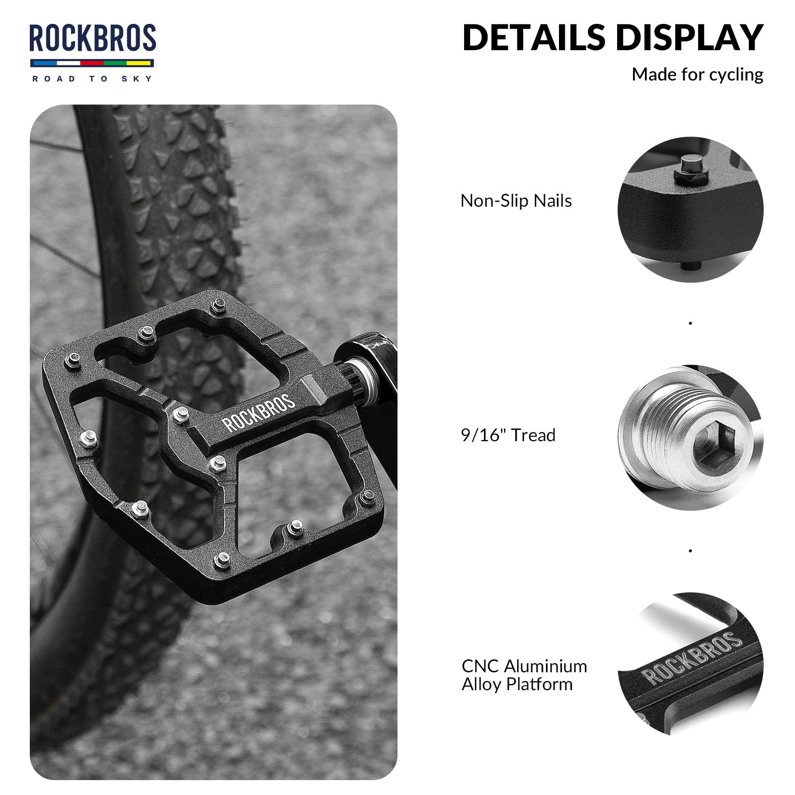 ROCKBROS Road-to-Sky Bicycle Pedals 9/16 Inch Aluminum Alloy Non-Slip - Image 6