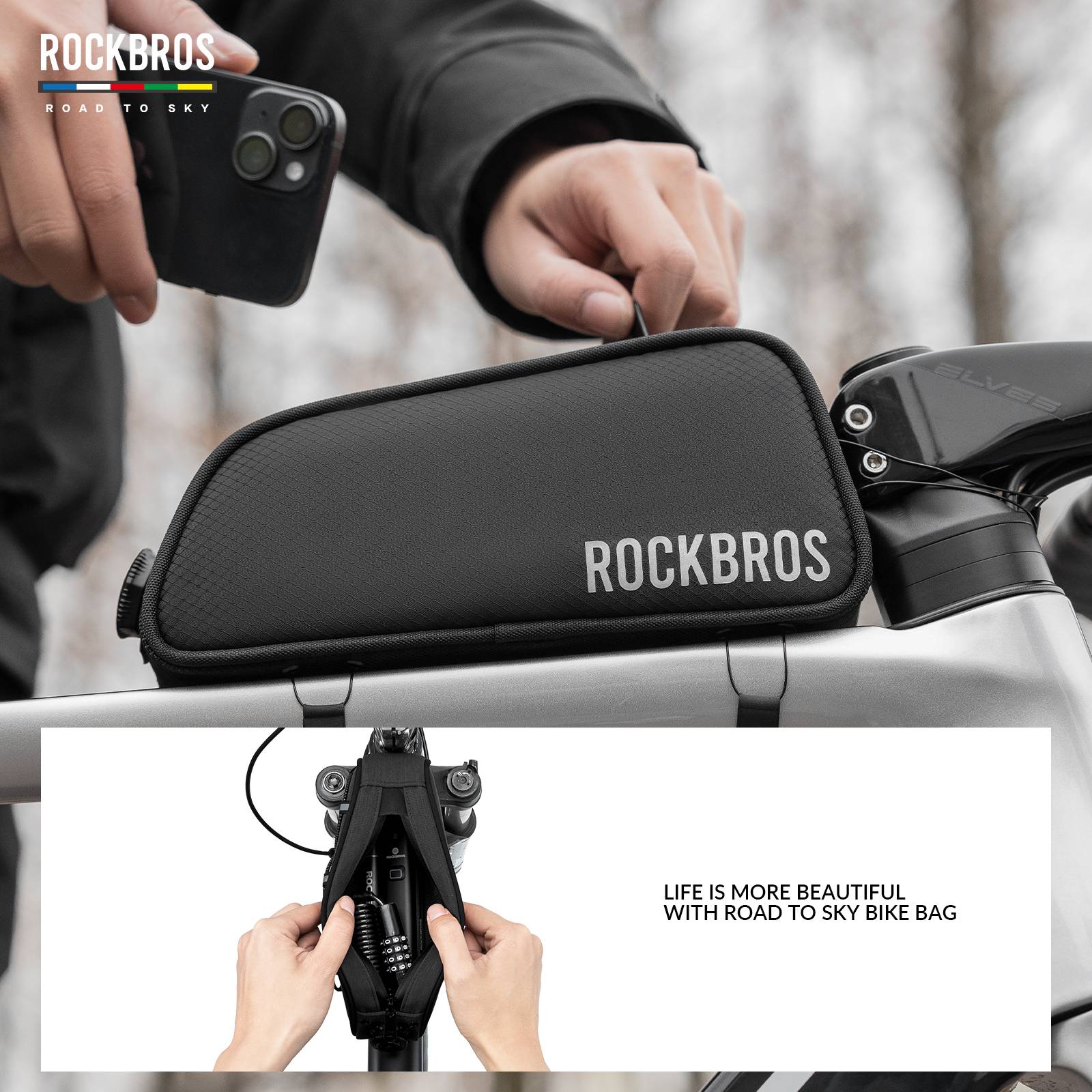 ROCKBROS Road-to-Sky Bicycle Top Tube Bag Frame Bag 0.7L Reflective Bicycle Bag - Image 15
