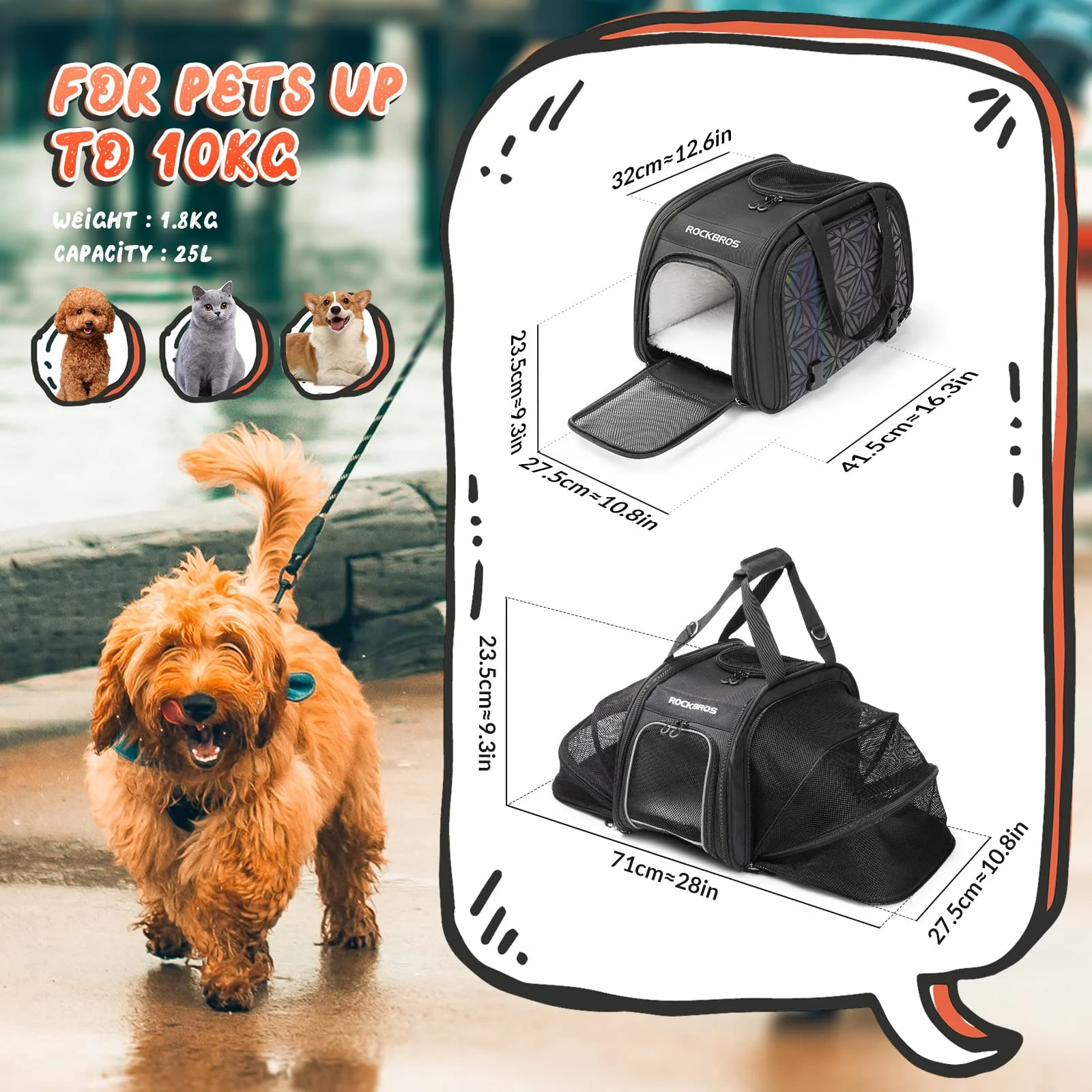ROCKBROS 25L Foldable Pet Carrier Bag for Cats and Dogs Portable Breathable - Image 4