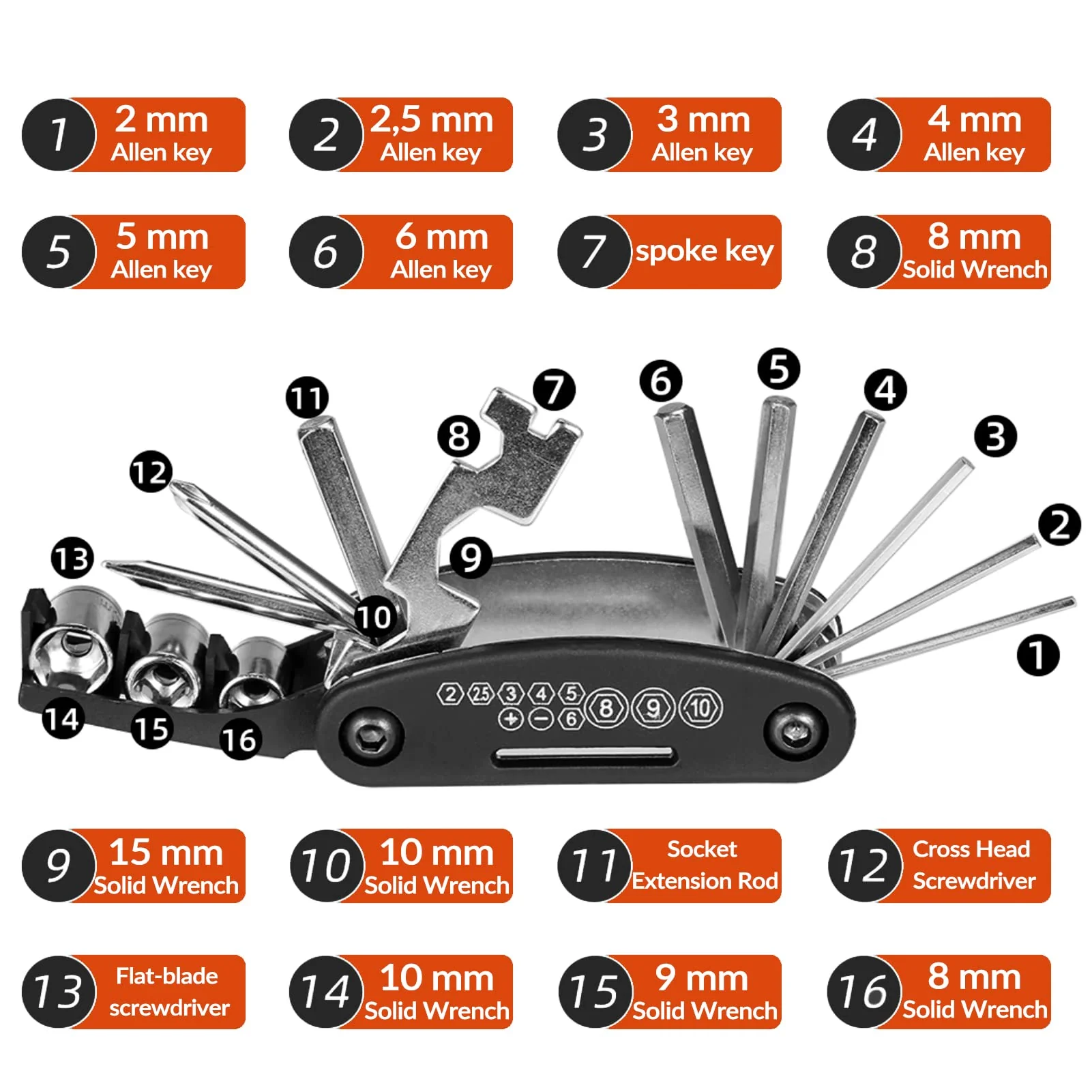 ROCKBROS Bicycle Repair Tool Bike Pocket Multi Function Folding Tool 16 in 1 Black - Image 5