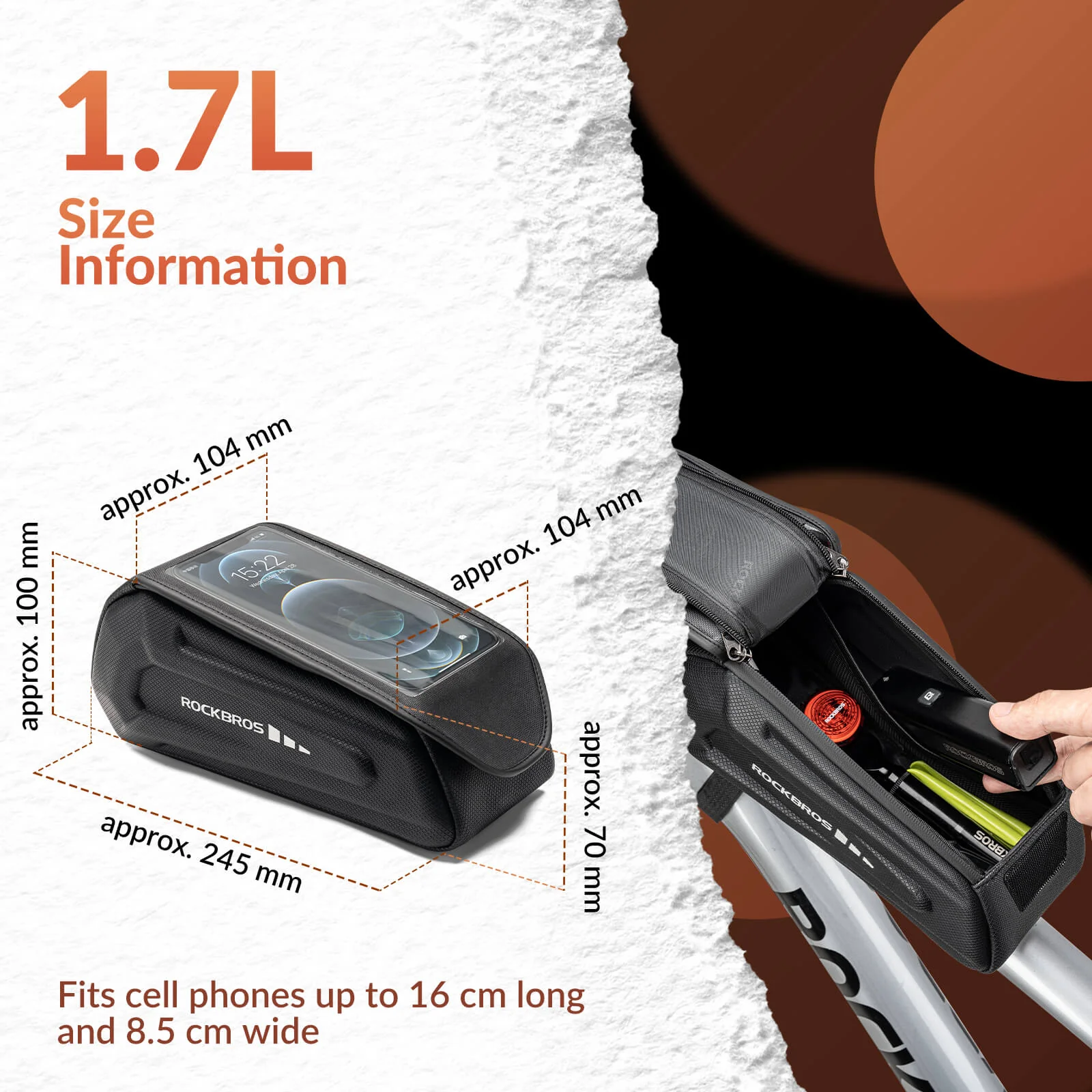 Bike Phone Mount Top Tube Bag 1.7L - Image 13