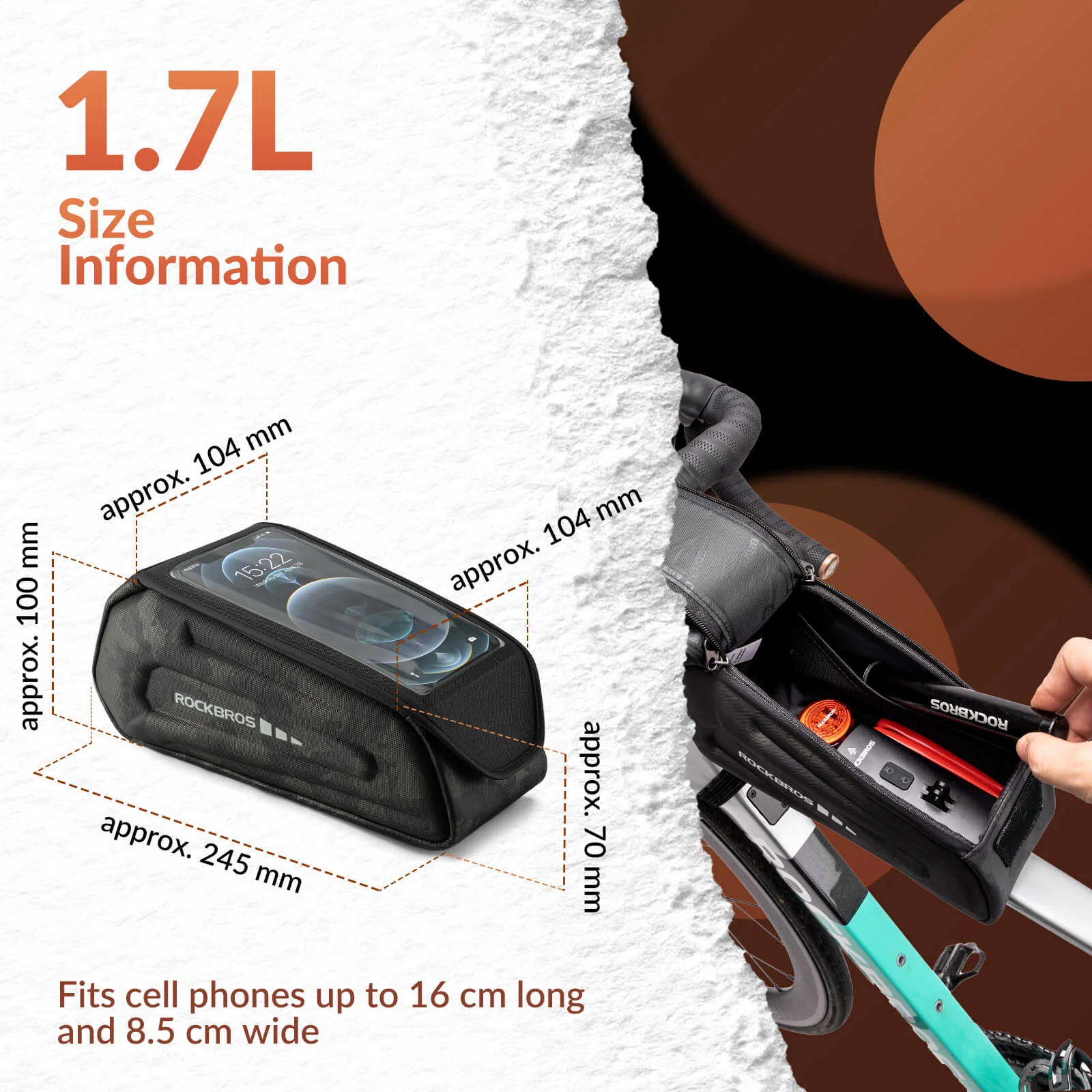 Bike Phone Mount Top Tube Bag 1.7L - Image 14