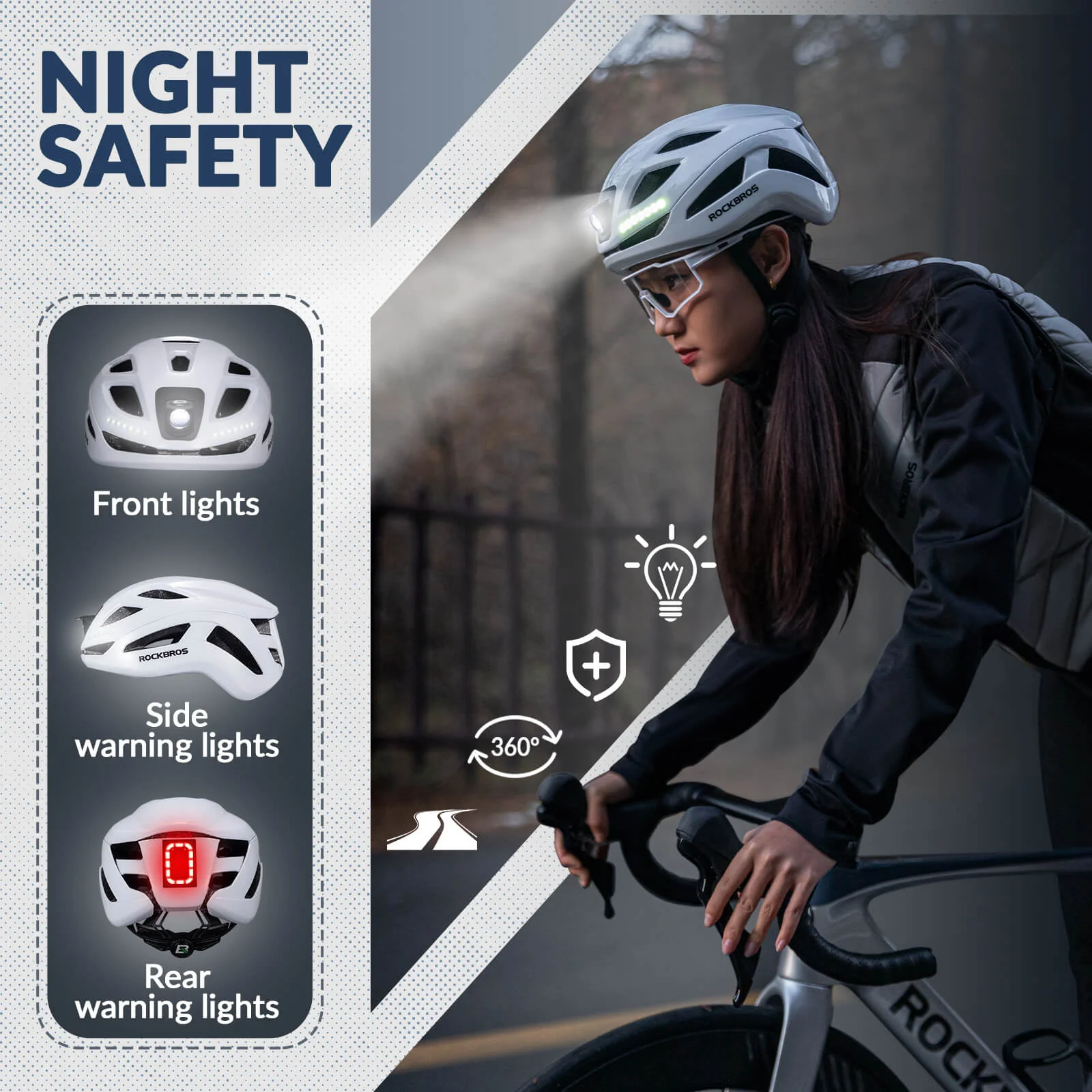ROCKBROS Bike Helmet with Light USB Rechargeable Cycling Helmet Adjustable - Image 10