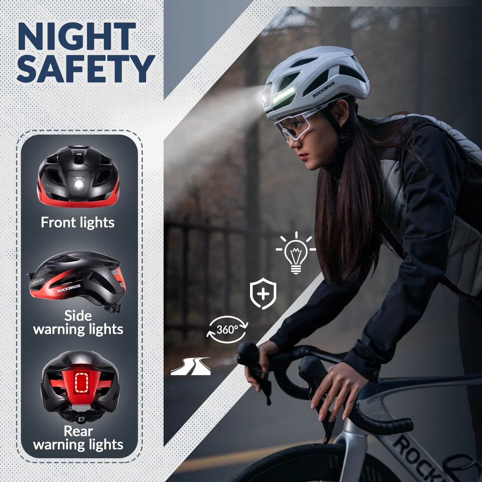 ROCKBROS Bike Helmet with Light USB Rechargeable Cycling Helmet Adjustable - Image 24