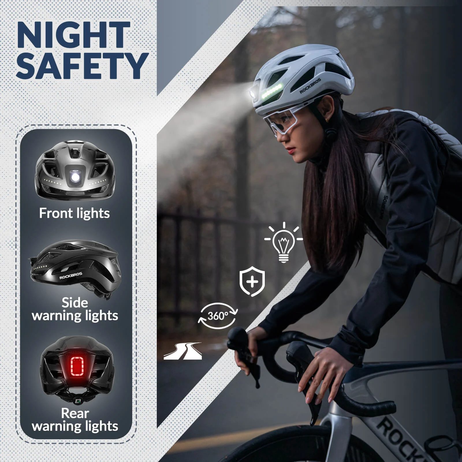 ROCKBROS Bike Helmet with Light USB Rechargeable Cycling Helmet Adjustable - Image 3