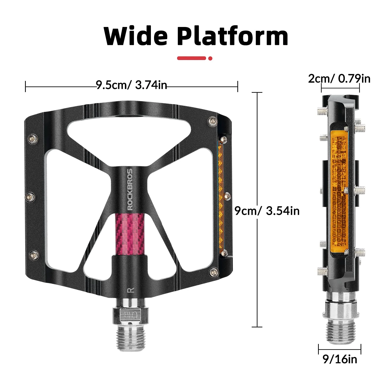 ROCKBROS Bike Pedals With Reflector Aluminum Alloy Flat Pedals (Pair) - Image 3