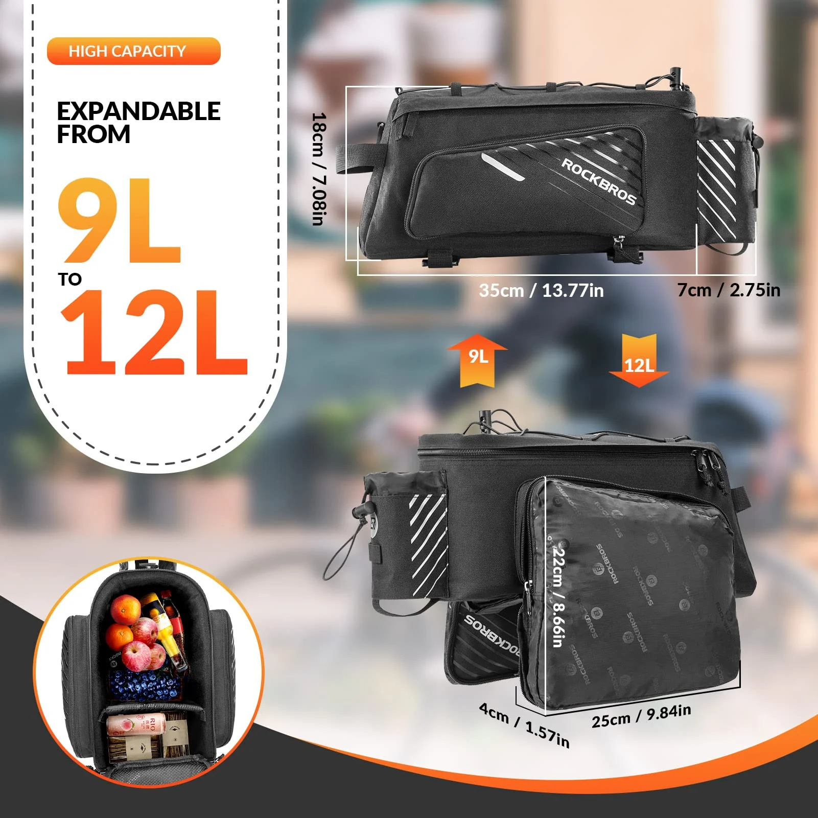 ROCKBROS Bike Rear Rack Bag Large Capacity Trunk Bag with Rain Cover 9-12L - Image 3