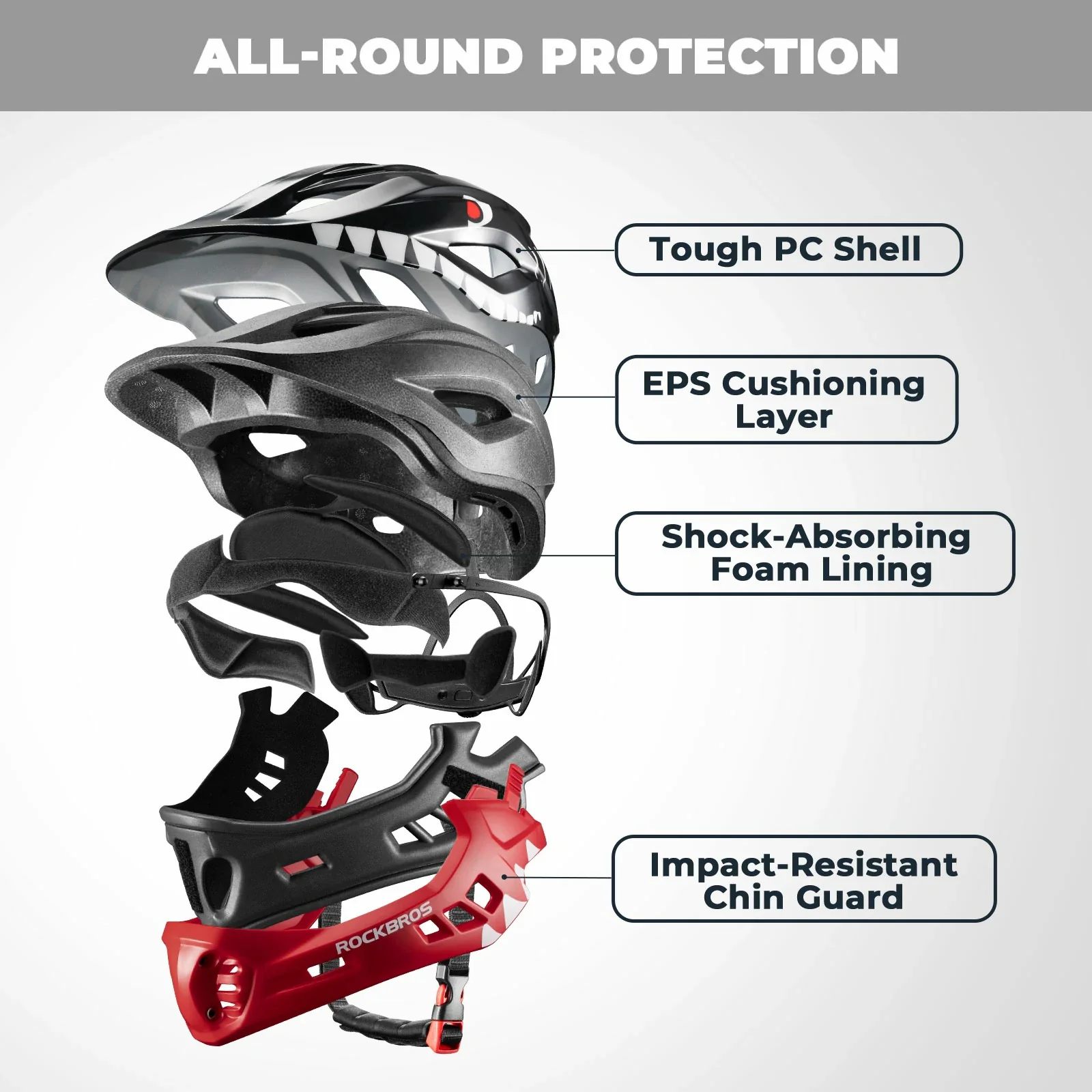 ROCKBROS Kids Helmet Full Face Protective Detachable 3-16 Youth Child - Image 31
