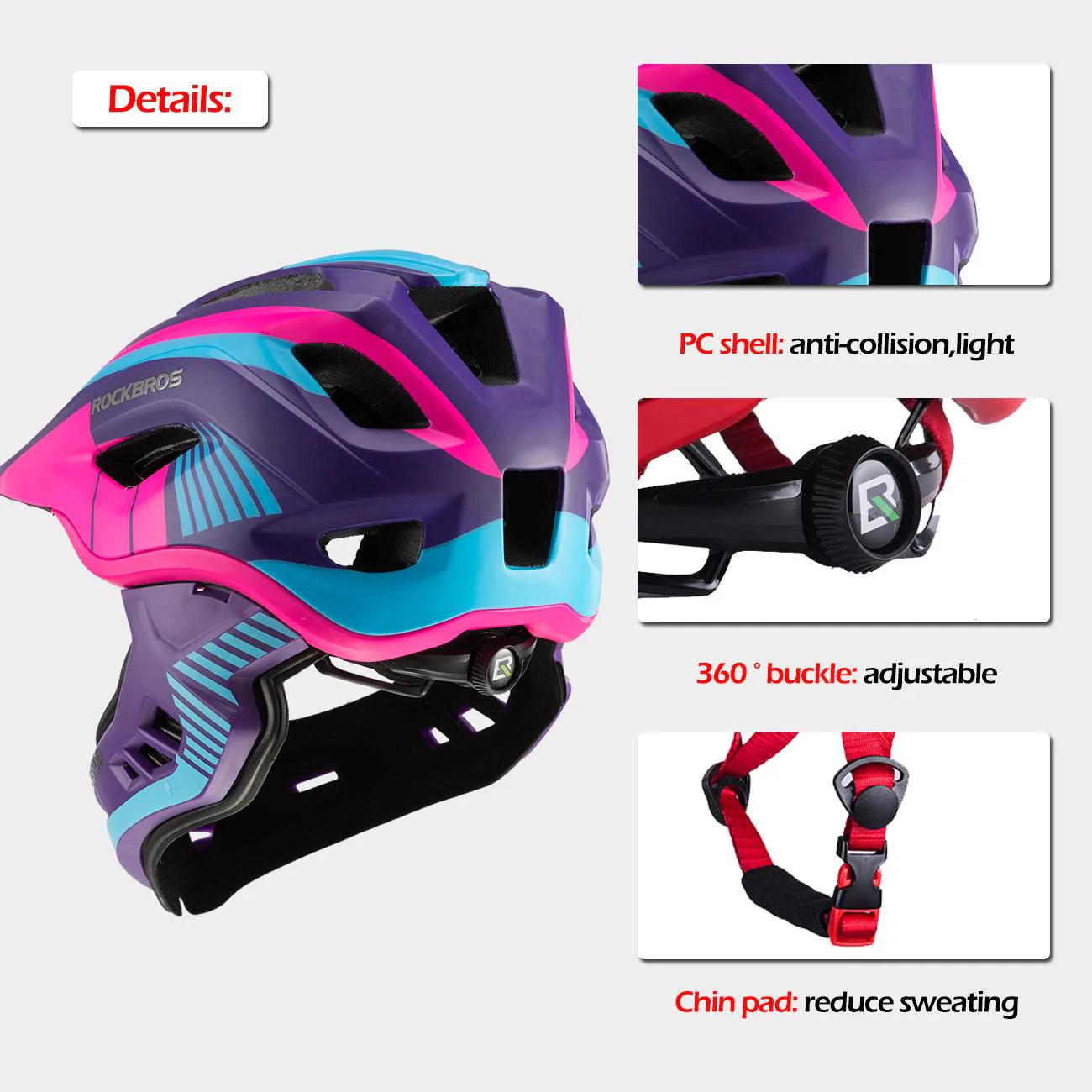 ROCKBROS Kids Helmet Full Face Protective Detachable 3-16 Youth Child - Image 4