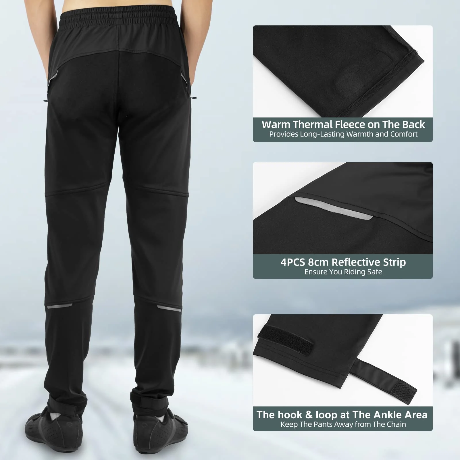 Men's Black Thermal Long Cycling Trousers Windproof - Image 3