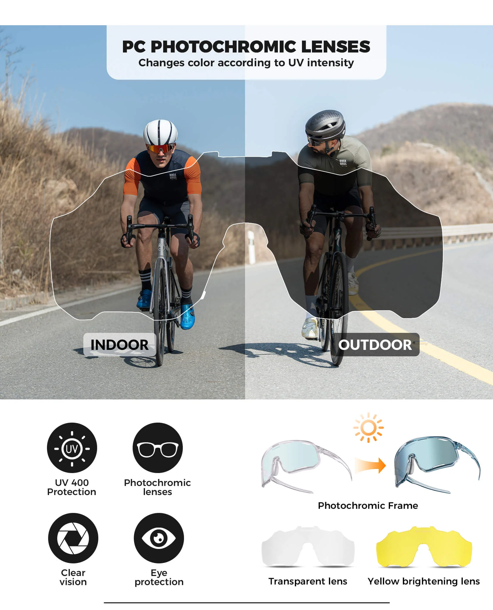 ROCKBROS Photochromic Sunglasses UV400 Transparent Cycling Glasses SP351 - Image 3