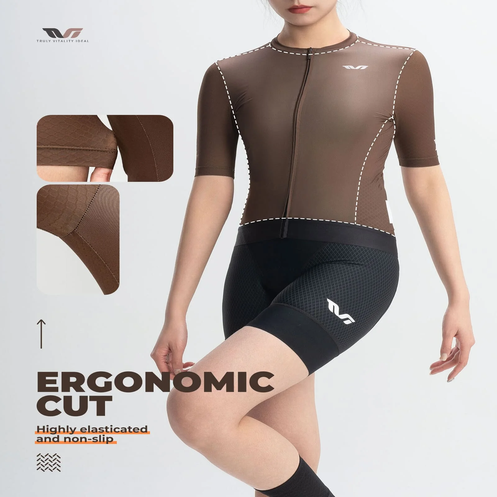 TVI Women’s Cycling Jersey Breathable Short Sleeve Brown - Image 6