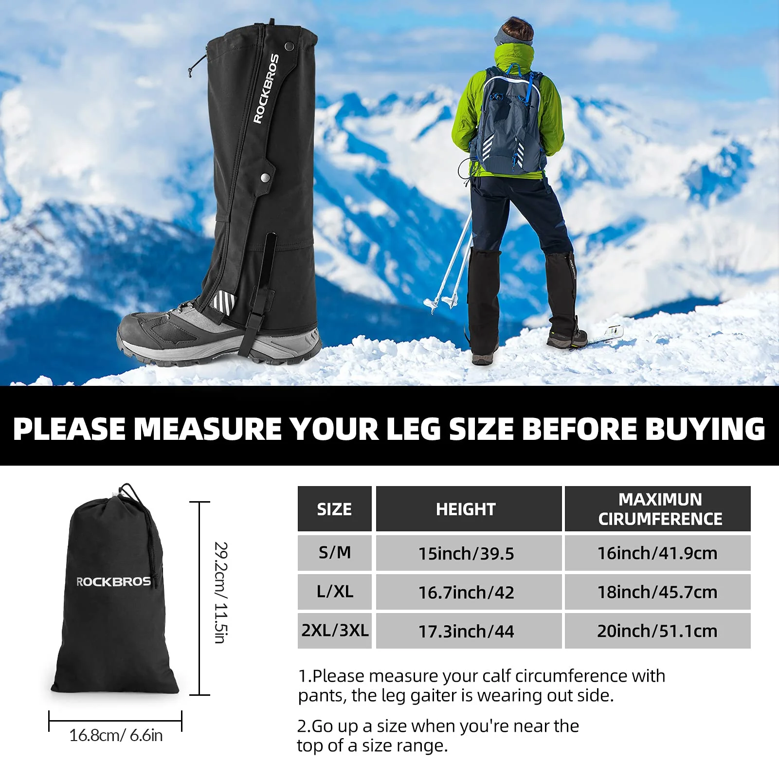 ROCKBROS Windproof Waterproof Leg Gaiters Warm Hiking Gaiters - Image 6