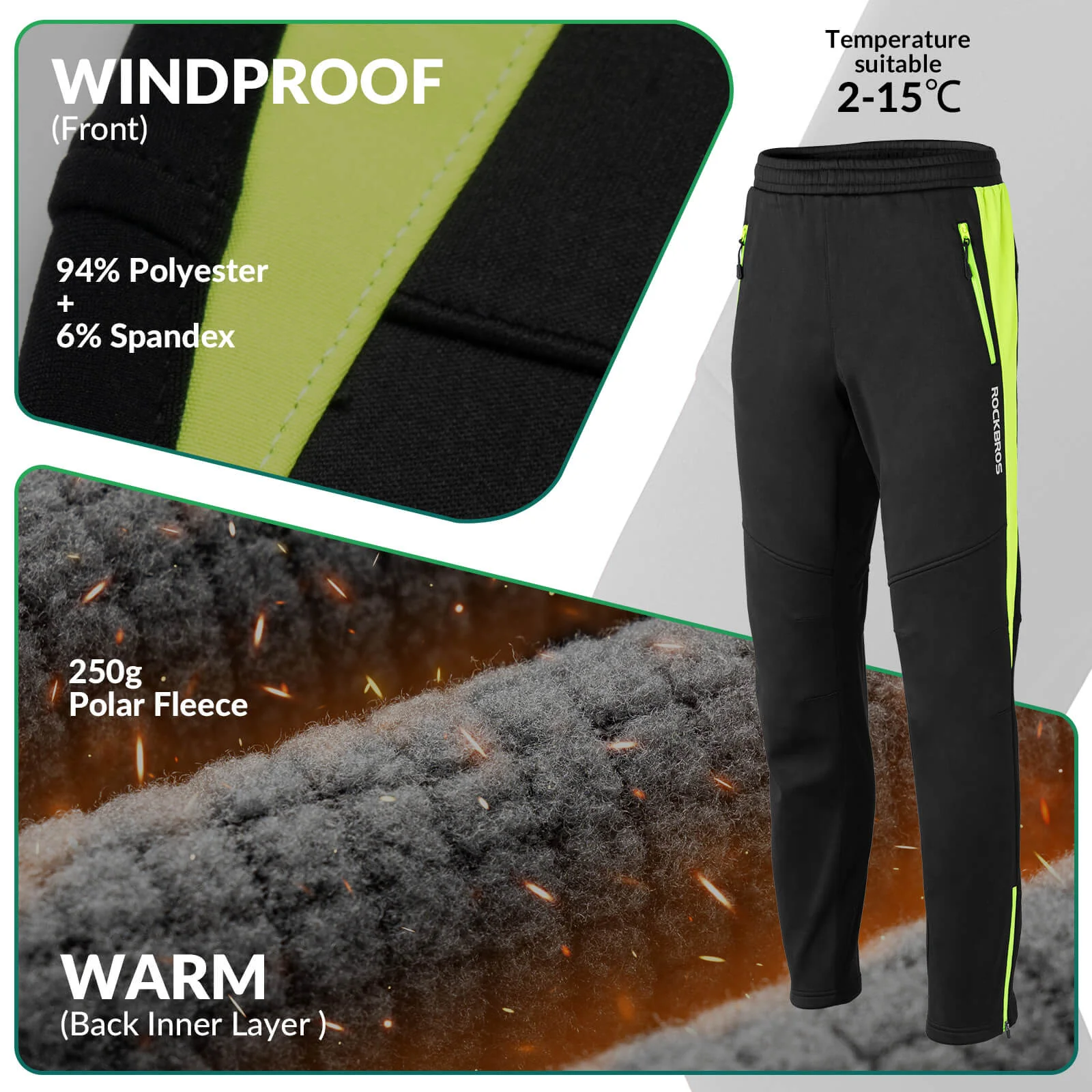ROCKBROS Winter Thermal Windproof Softshell Cycling Trousers Bright Green - Image 2
