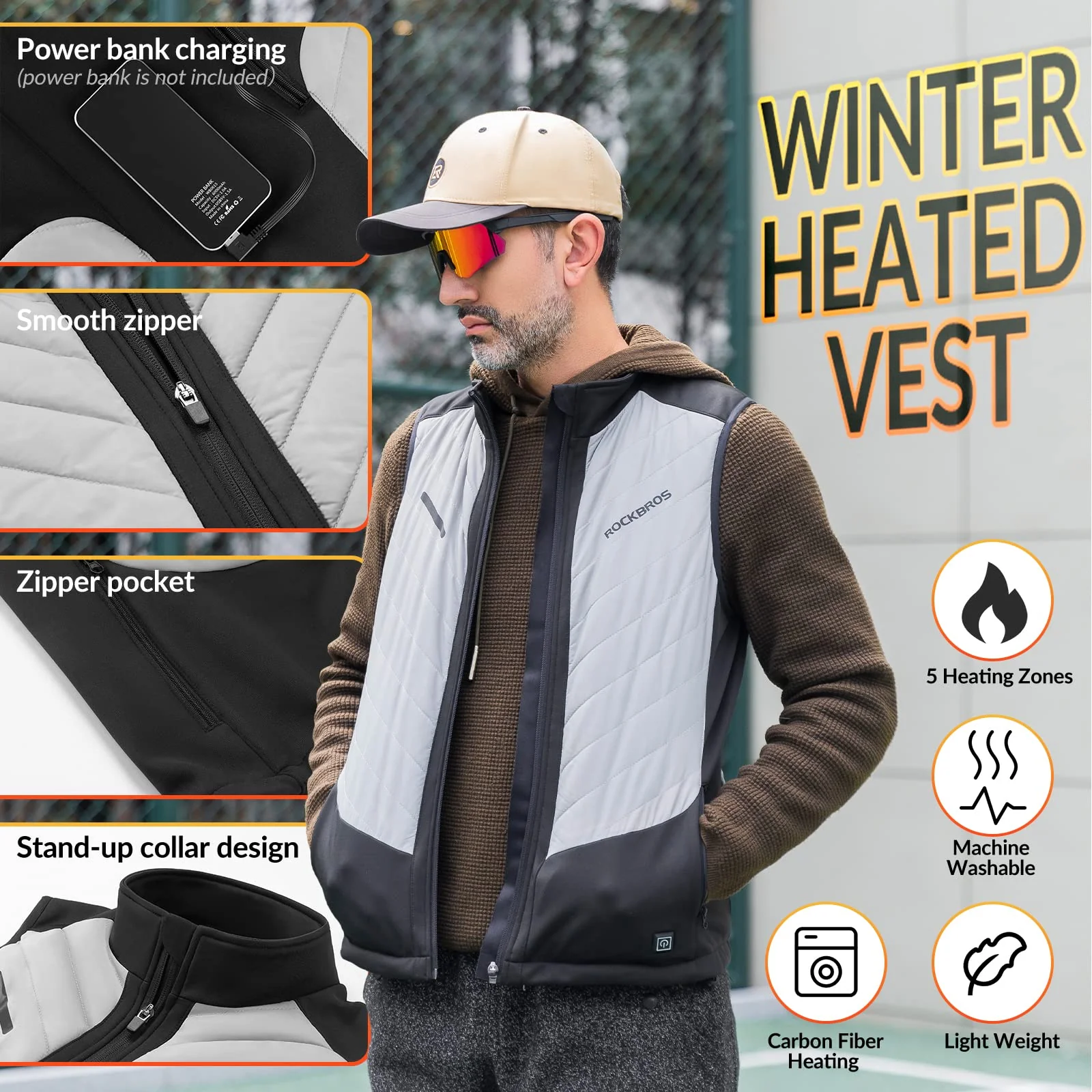 ROCKBROS USB Electric Heated Vest 3-Temperature Levels Washable Winter Vest - Image 3